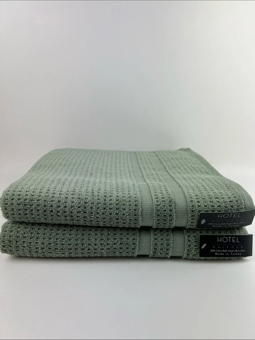 Hotel Balfour Bath Towels Sage Green Waffle Design Turkish Soft Cotton 2 Pc NEW